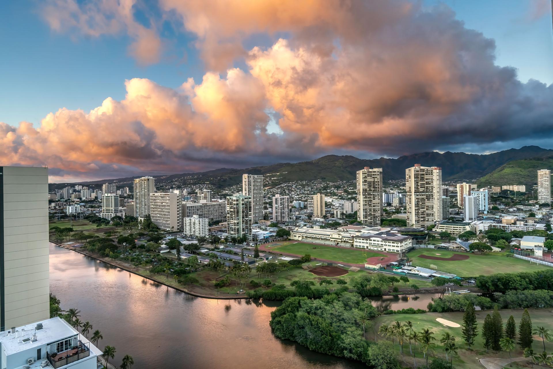 Colorful Pink Clouds Buildings Waikiki Ala Wai Canal Honolulu Ha