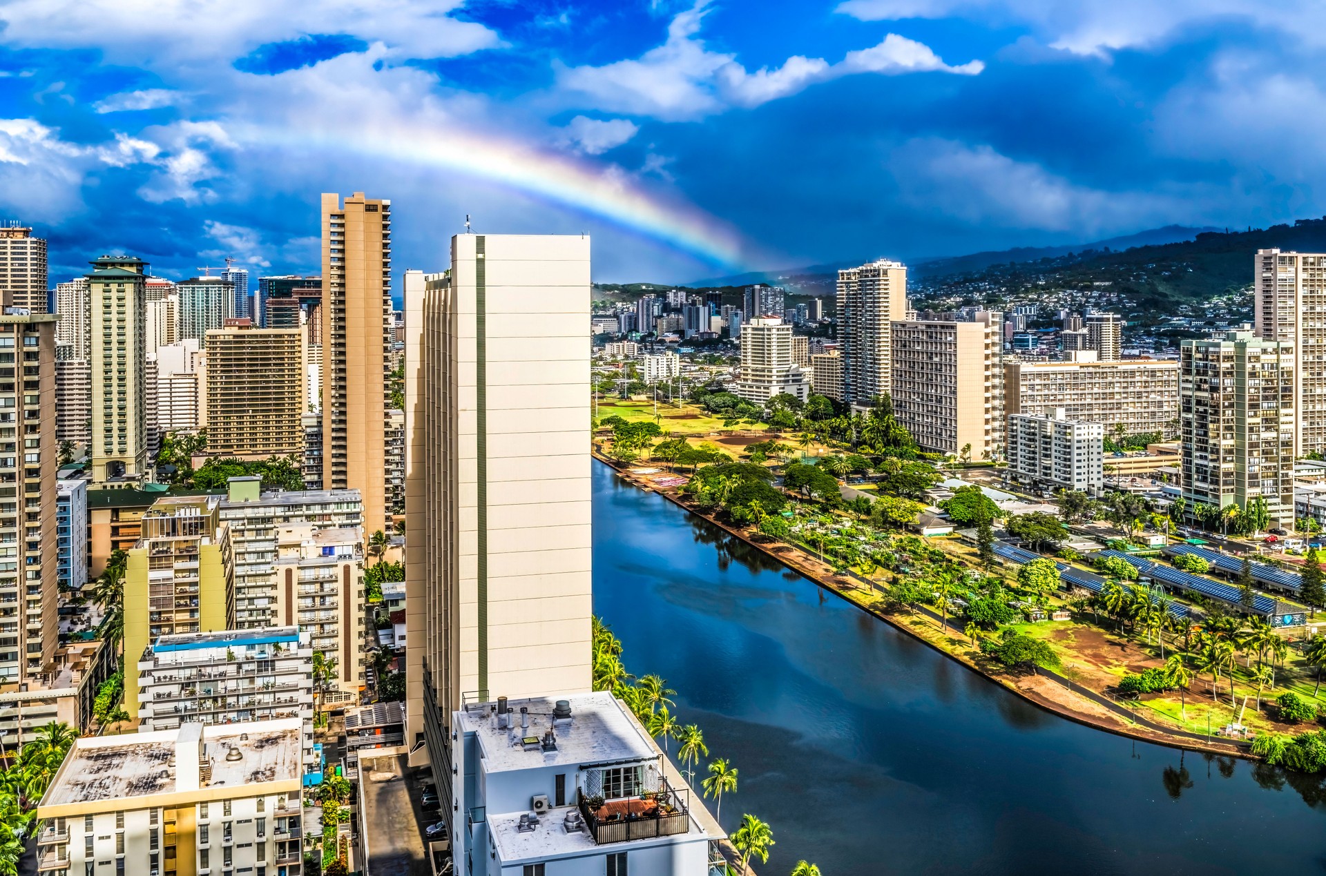 Colorful Rainbow Buildings Waikiki Ala Wai Canal Honolulu Hawaii